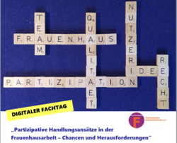 Fachtag Partizipative Handlungsansätze in der Frauenhausarbeit  werbung für FHK Fachtag, Abbildung Scrabble-Brett, gelegte Worte: Partizipation, Frauenhaus, Team, Qualität, Nutzerin, Recht, Idee,