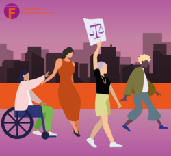 Forderung nach einem Rechtsanspruch auf Schutz und Hilfe bei Gewalt Abbildung zeigt vier unterschiedliche Frauen, die für einen Rechtsanspruch demonstrieren
