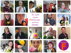 Aktion: Ihr seid unser #Rettungsschirm - Stufe 3 Postkarte mit 18 Personen, die je eine Blume halte, Text: "Ihr seid unser #Rettungsschirm. DANKE" Frauenhauskoordinierung e.V.