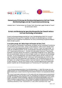 Gemeinsame Erklärung der BAG Freie Wohlfahtspflege und Frauenhauskoordinierung Runder Tisch FHK Stellungnahme Rechtsanspruch + Finanzierung